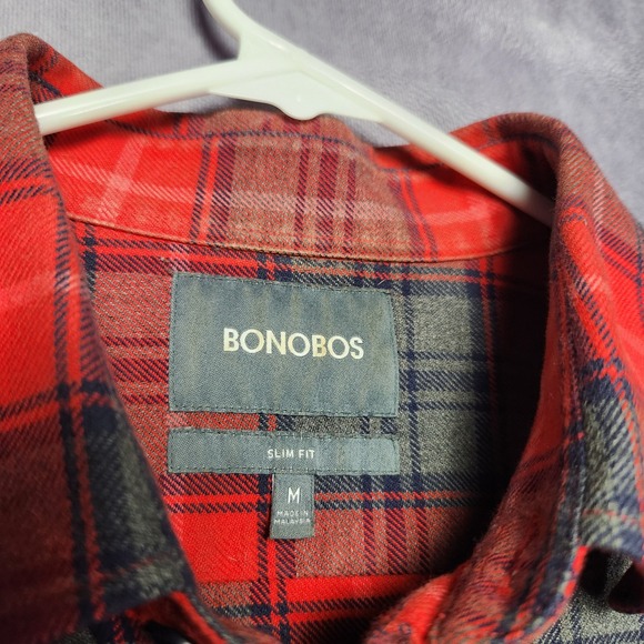 Bonobos Red Gray Plaid Flannel Slim Fit Long Sleeve Button Up Shirt Mens Medium - Picture 2 of 16